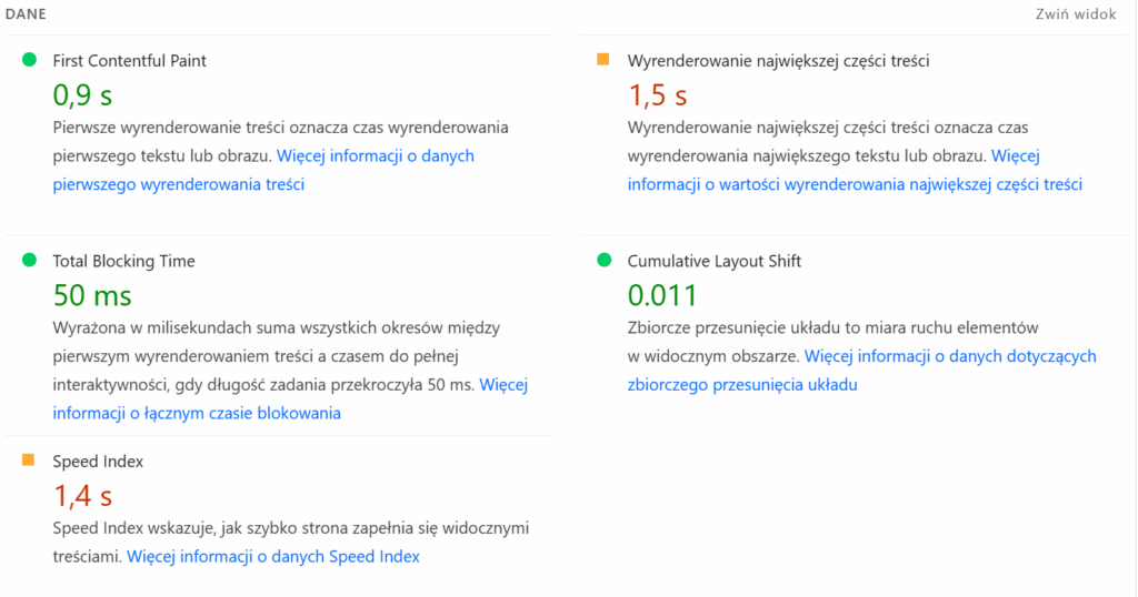 Metryki Google Speed Insight