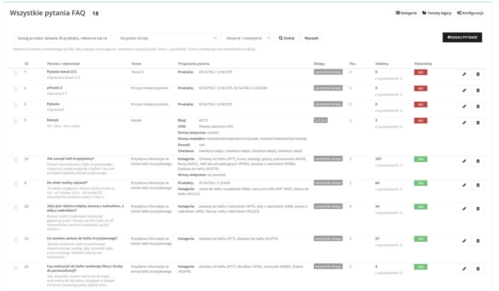 Lista pytań FAQ w module Astra FAQ dla PrestaShop