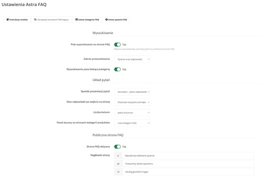 Astra FAQ PrestaShop - panel administracyjny modułu FAQ